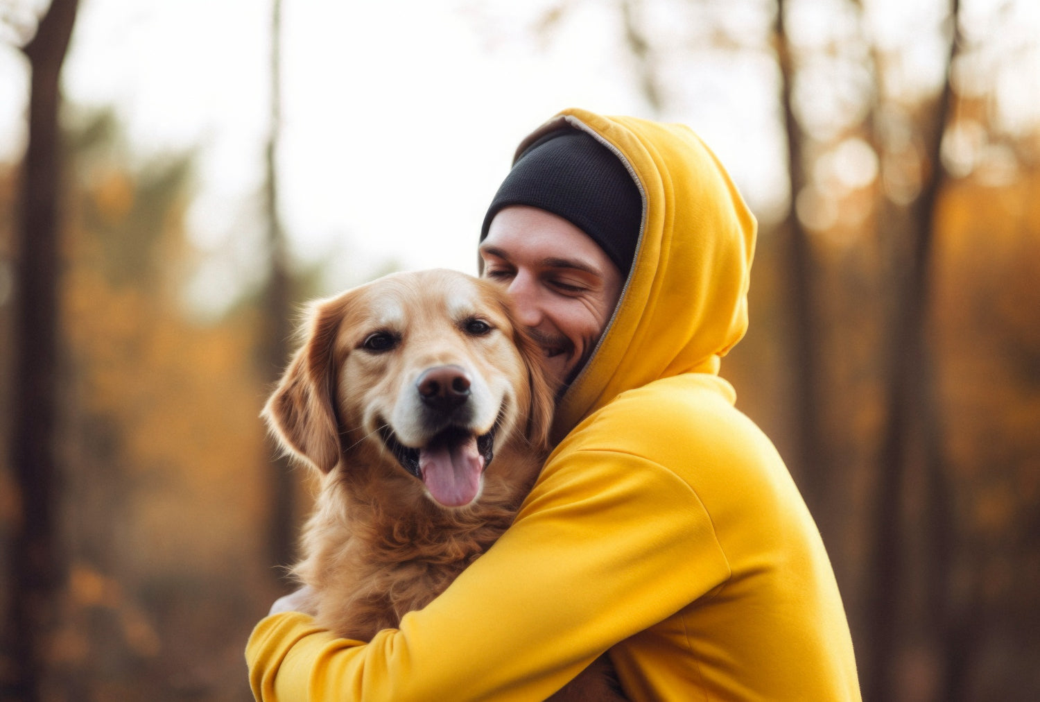 Man in a yellow hoodie hugging a dog in a house
setting